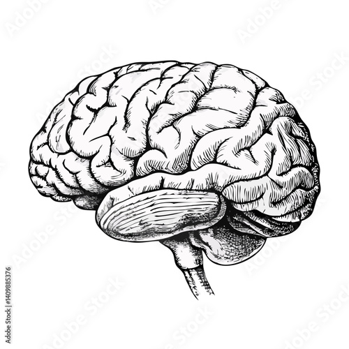 human brain medical vector illustration icon isolated on white background, A detailed black and white illustration of a human brain, Detailed Illustration of the Human Brain Isolated on a Transparent 