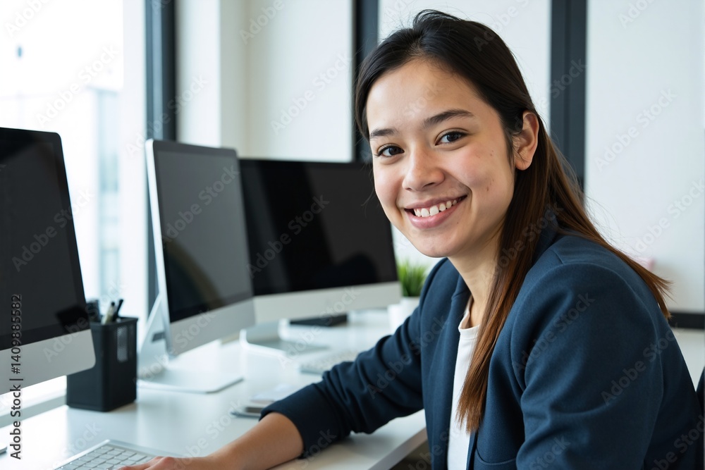 Approachable young businesswoman of possible East Asian or Southeast Asian descent, wearing a blazer, smiling warmly while working at her computer desk in an office setting Approachable young businesswoman of possible East Asian or Southeast Asian descent, wearing a blazer, smiling warmly while working at her computer desk in an office setting