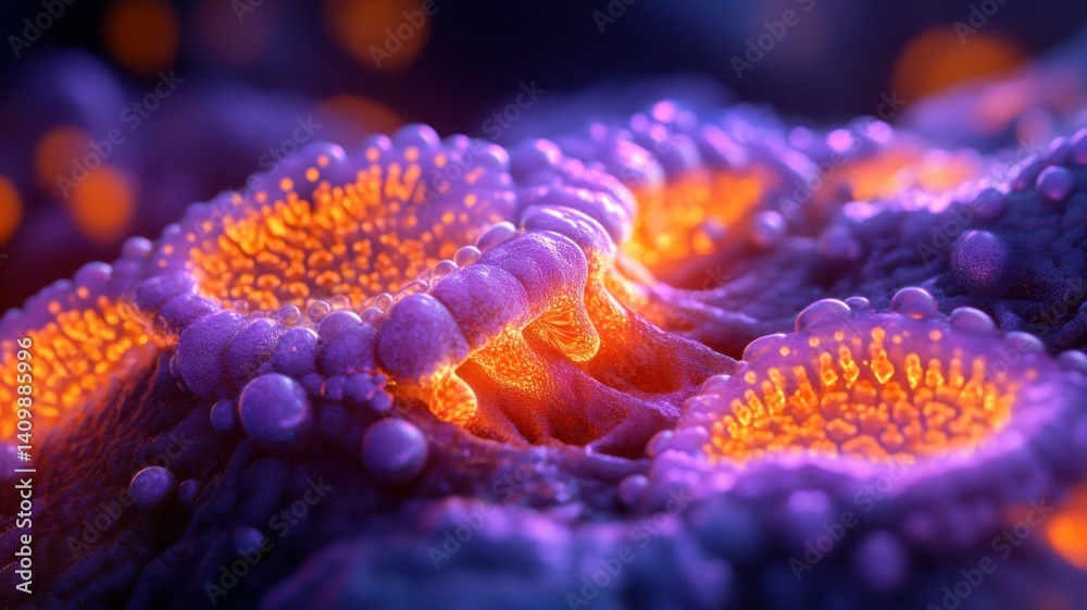 Fototapeta premium A vibrant, microscopic view of cells illuminated by glowing orange structures, showcasing intricate details and textures in a colorful, abstract setting.
