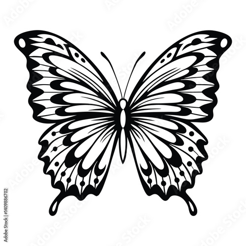 Intricate Butterfly Silhouette with Symmetrical Wing Patterns Isolated on White Background