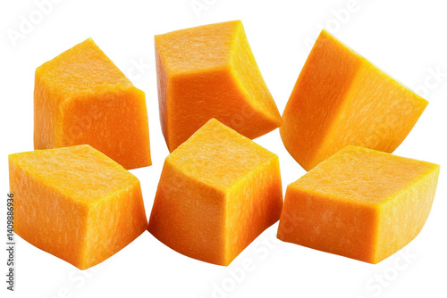 pumpkin cubes - vibrant orange vegetable pieces isolated on black