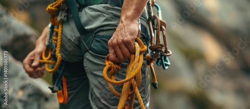 Climber's unwavering grip on safety rope, ready for a rock adventure photo