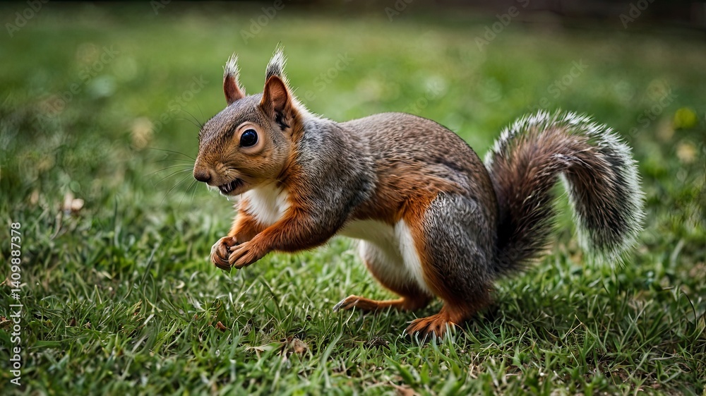 Squirrels will jump on the ground with short grass Squirrels will jump on the ground with short grass