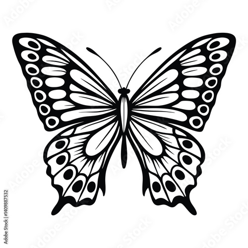 Symmetric Butterfly with Intricate Wing Patterns, Monochrome, Black and White Design