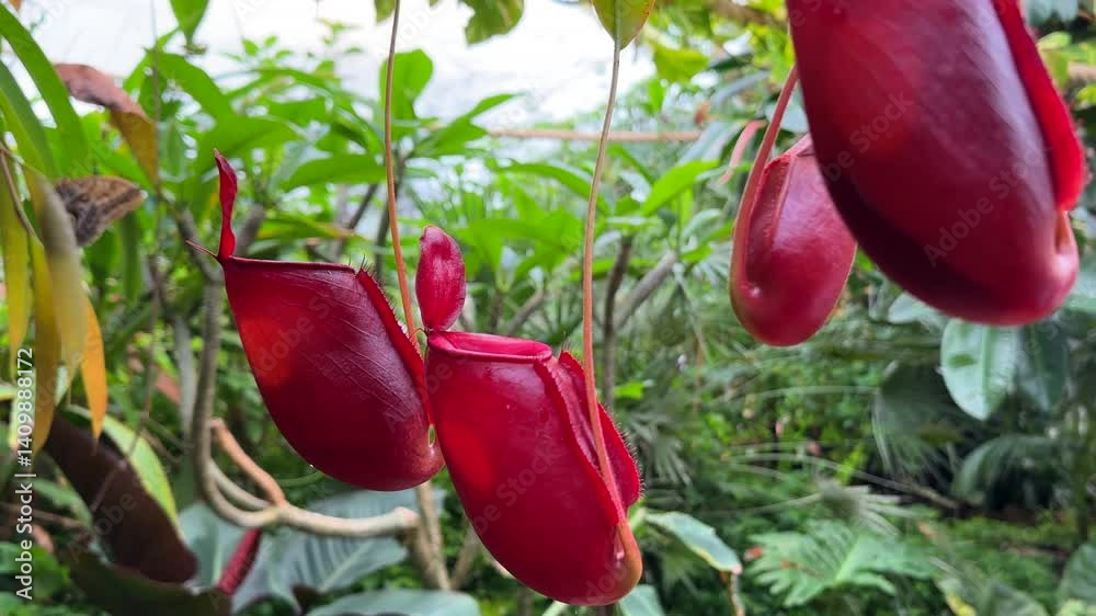 Interesting tropical pitcher plant Nepenthes Ampullaria red colour monkey cups hanging close up.