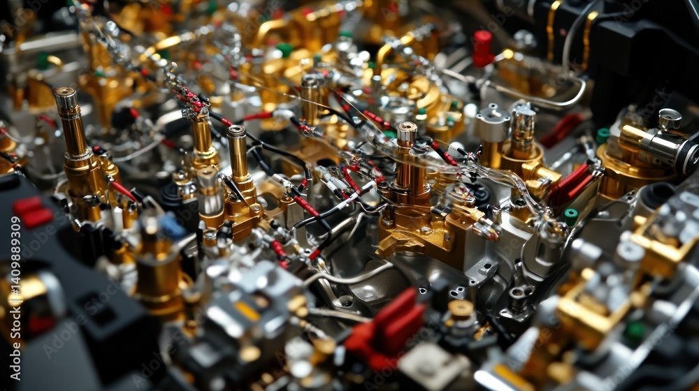 Close-up of complex machinery with gold and black components, intricate wiring, and various connectors. Close-up of complex machinery with gold and black components, intricate wiring, and various connectors.