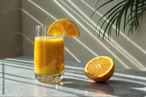 The image shows a glass of orange juice with a slice of orange on the rim, placed on a table with another half of an orange beside it. The background features a wall and a plant, casting shadows o