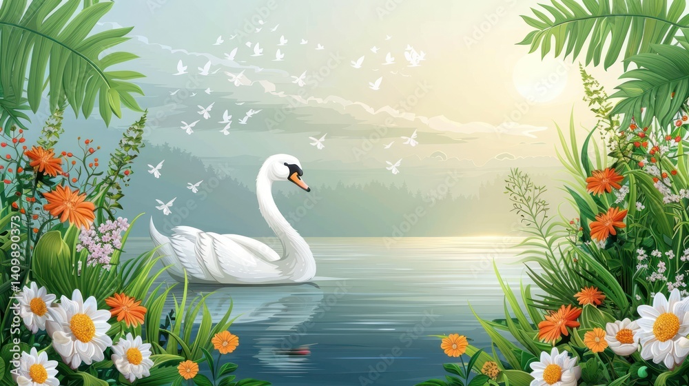 Obraz premium Serene swan in floral landscape