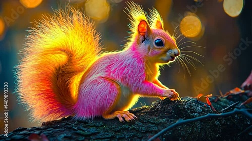 Squirrel in Dreamy Light: A vibrantly colored squirrel perches gracefully on a branch, its fur a kaleidoscope of colors, all bathed in the soft, dreamy glow of bokeh lights in the background. 