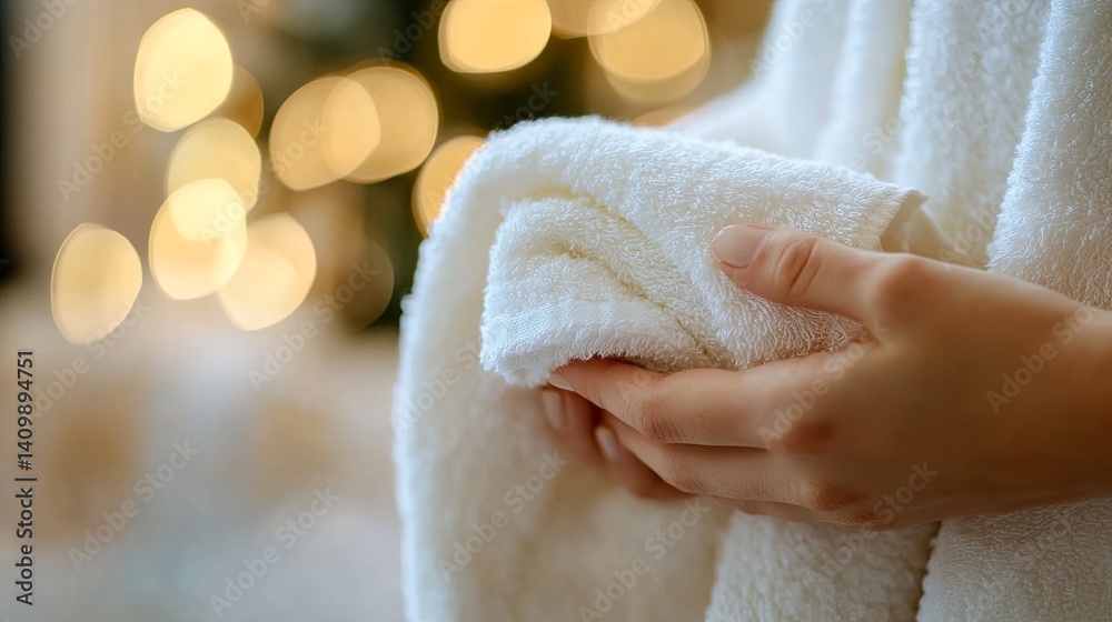 A close-up of a person holding a soft towel and preparing for a relaxing spa experience . A close-up of a person holding a soft towel and preparing for a relaxing spa experience .