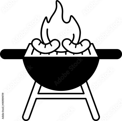 black and white icon of a bbq grill with a flame