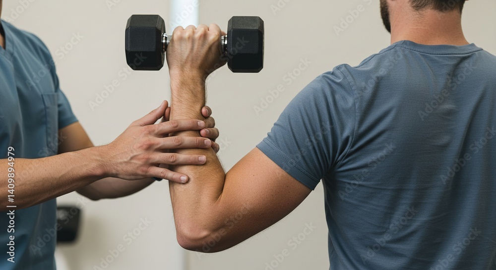 Man lifting dumbbell with therapist help