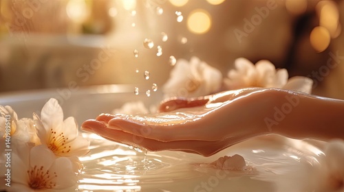 A hand applying a hydrating serum to a glowing skin in a peaceful spa setting .