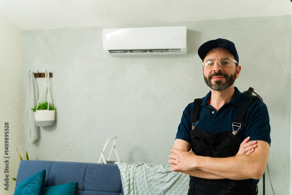 Hvac technician installing or repairing air conditioning unit