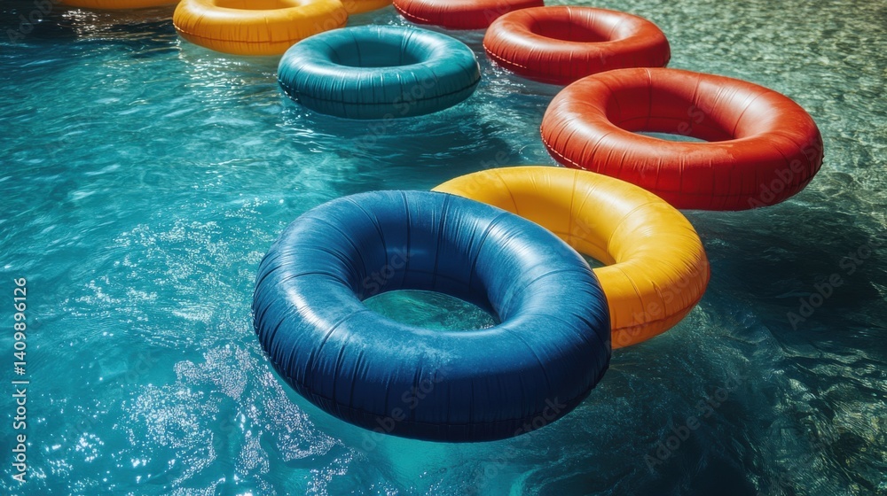 Floating inflatables at pool party, circle, white background, safety, reptile