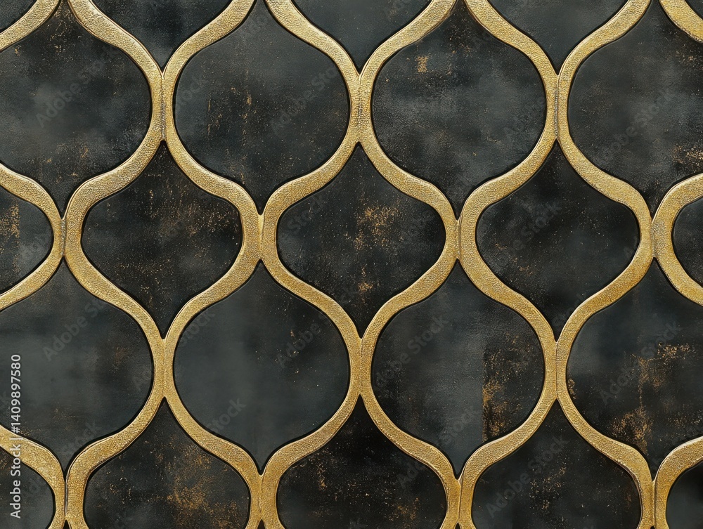 A pattern of an Arabic tile in black and gold, with a metallic sheen and a wavy line design, evoking the opulence found within ancient Middle Eastern palaces. A pattern of an Arabic tile in black and gold, with a metallic sheen and a wavy line design, evoking the opulence found within ancient Middle Eastern palaces.