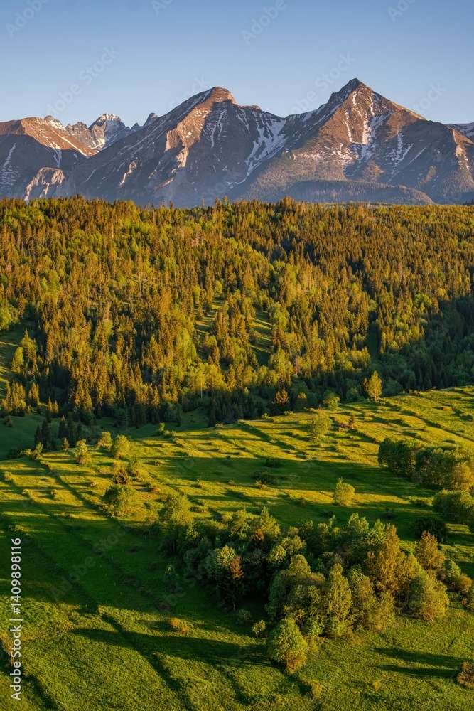 Obraz premium Green spring meadow with snowy mountains in the background and blue sky, small houses in the valley. Spring hiking in the mountain landscape. High Tatras NP, Slovakia. Osturna village