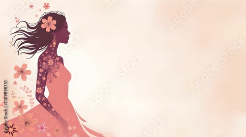 Illustration, banner. Elegant woman in floral dress posing on soft pastel background