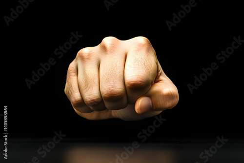 close-up view of a clenched fist slamming onto a table black background