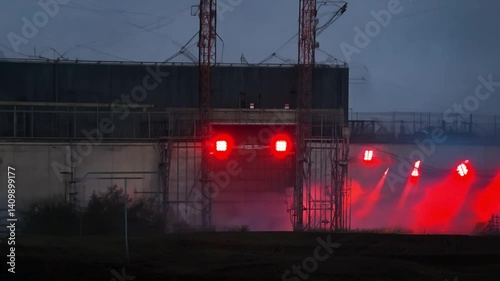 Red Lights Illuminate Industrial Building at Night