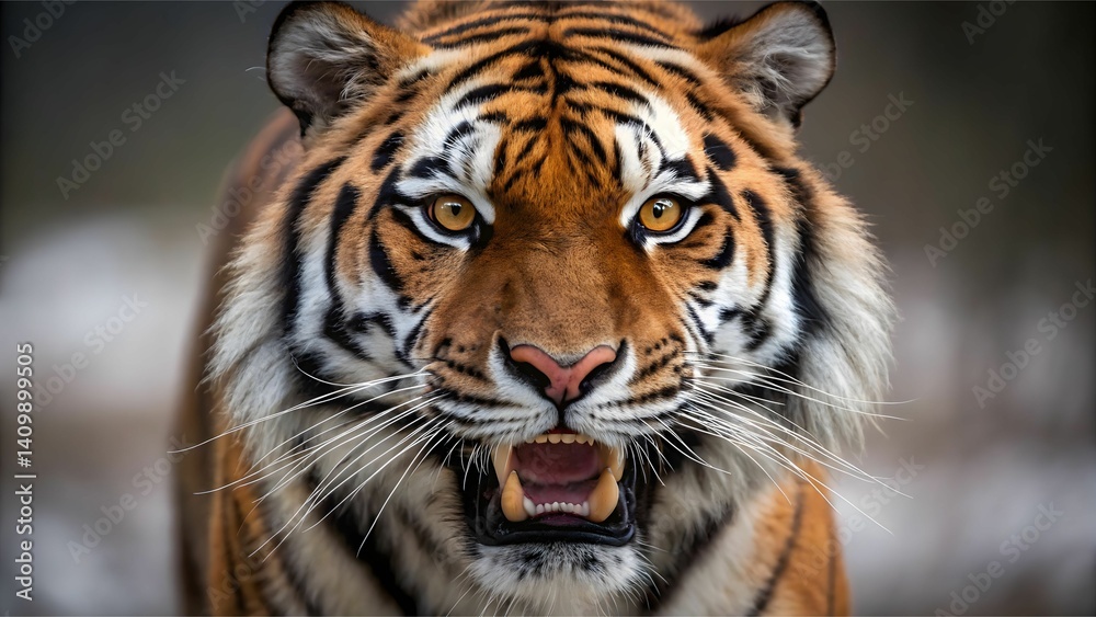 Naklejka premium Native Tiger Photos concept Majestic tiger with intense gaze, showcasing powerful features and striking fur patterns.