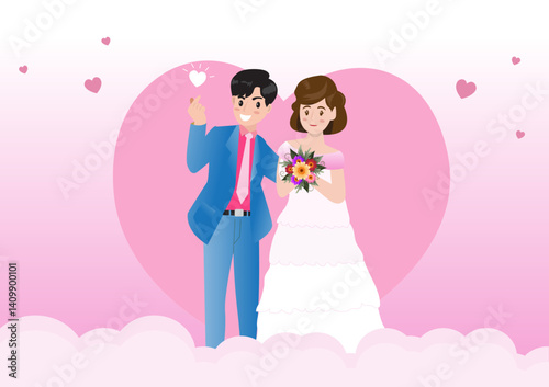 Young Bride and Groom. Wedding Concept. Colorful Vector Illustration