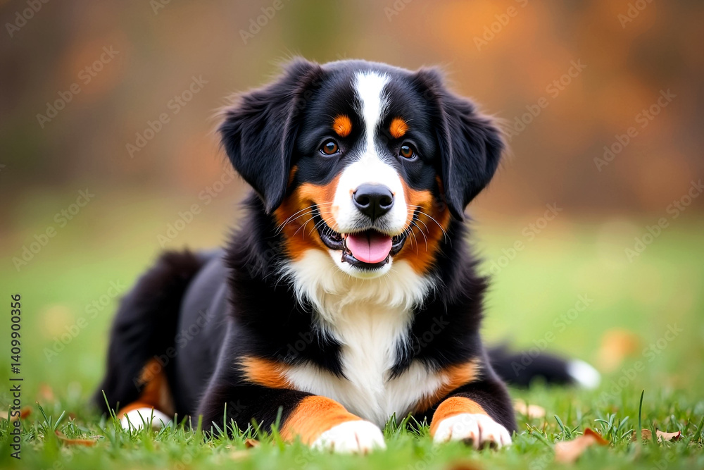 Bernese Mountain Dog watches a Border Collie puppy and dog Bernese Mountain Dog watches a Border Collie puppy and dog