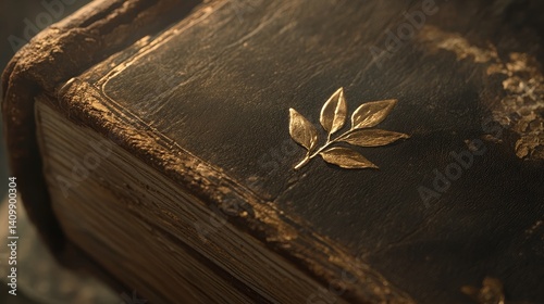 The spine of a book aged 200 years is captured in a close-up, displaying detailed gold foil stamping and leather cracks, embodying a historical and elegant aesthetic