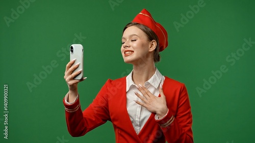 Woman dressed as stewardess air hostess in red uniform talks online by video call on smartphone, isolated on chroma key green screen studio background.