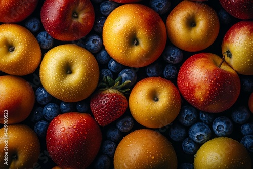 A vibrant collection of fruits is captured in a close-up, softly lit by studio lights