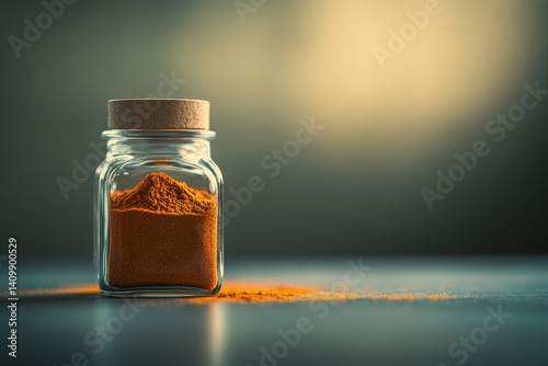 The image is a close-up of a spice jar, featuring a reflection from a studio light on its surface