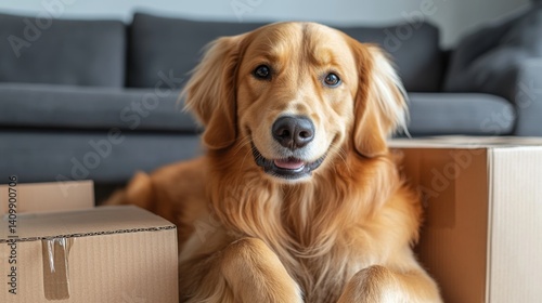 The image of a golden retriever resting next to a stack of boxes from online deliveries, encircled by invoices from internet purchases, embodies the prosperity of digital retail
