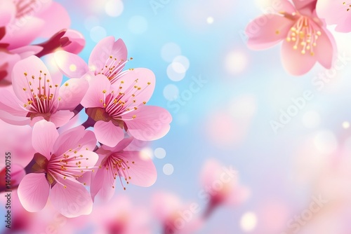 Delicate pink cherry blossoms on a tree branch are showcased in a close-up, bathed in soft sunlight, exemplifying the beauty and wonder of the spring season