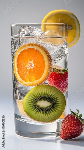 On a hot day, a cool and refreshing drink made with ice, lemon, kiwi, strawberry, and sparkling water, all combined in a transparent glass, is just what you need