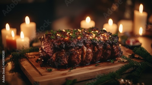 A deliciously prepared prime rib roast, complemented by a festive array of holiday decorations, creating a perfect Christmas dinner ambiance