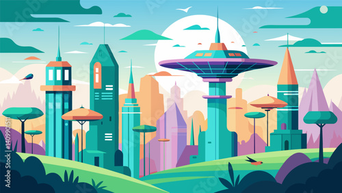 A utopian cityscape with eVTOLs swirling around towering vertical farms and lush manmade forests.. Vector illustration