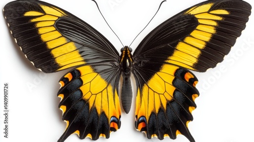 The beauty of nature and wildlife is captured in a close-up of a detailed butterfly with striking yellow and black pattern wings set against a white background