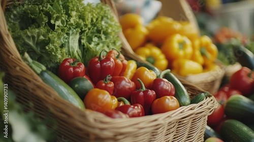 A wooden table holds a basket filled with an array of organic fruits and vegetables in a close-up view