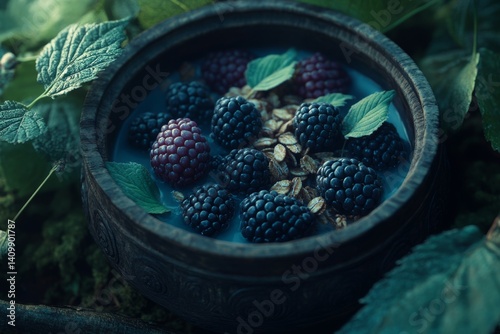 A bowl filled with organic granola, almond milk, and fresh berries is shown in close detail