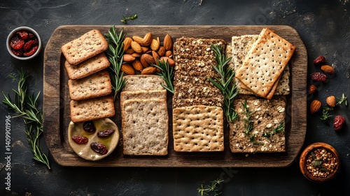 The table is set with an assortment of gluten-free bread, crackers, and snack options