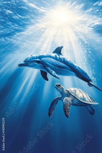 In the ocean, a dolphin and a sea turtle swim together