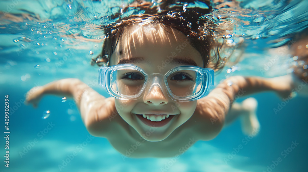 Naklejka premium Underwater portrait of happy child in swimming pool.