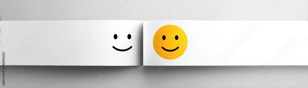 A minimalist image featuring two smiling faces, one simple and one colorful, on a white background, symbolizing positivity and happiness. A minimalist image featuring two smiling faces, one simple and one colorful, on a white background, symbolizing positivity and happiness.