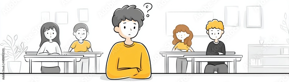 A confused student sits in a classroom surrounded by classmates, conveying feelings of uncertainty and contemplation. A confused student sits in a classroom surrounded by classmates, conveying feelings of uncertainty and contemplation.