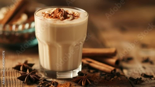 Warm Spiced Beverage with Whipped Cream on Wooden Table