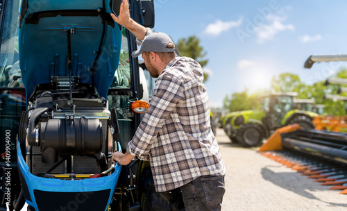Man inspecting tractor engine with blurred background of agricultural machinery photo