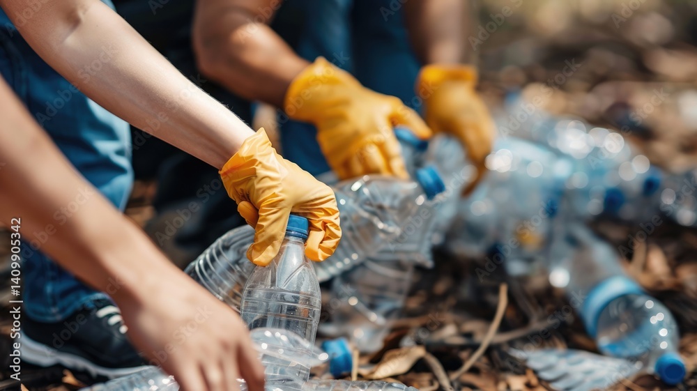 Obraz premium Close up people's hands collecting plastic wastes express and emphasize the important of recycling trash. Palm hand collect garbage to clean environment and saving ecology. Save earth concept. AIG53.
