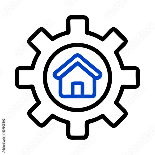 Gear with House Icon Representing Real Estate Development, Construction Planning, and Property Management