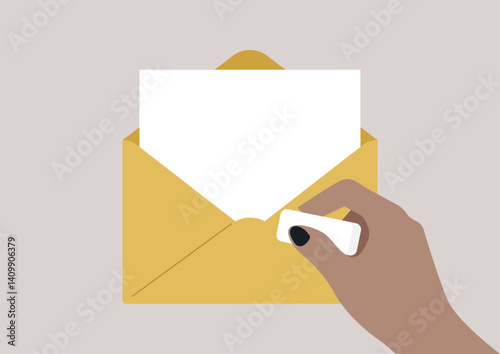 A hand gently holds a white eraser, poised over an envelope, as it prepares to tidy up a handwritten note tucked inside, A creative moment unfolds in a serene workspace.