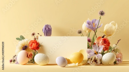 Easter decoration chick ornaments festive banners. Delicate Easter Arrangement of Flowers and Eggs with a Blank Card on Light Background.